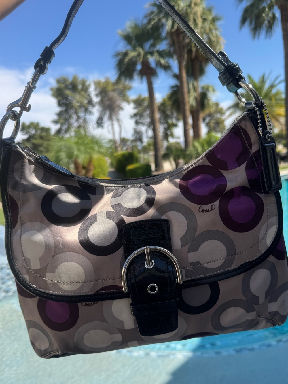 Coach Op Art Purple Signature Logo Hobo Bag